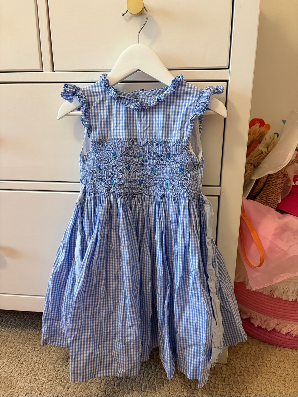Antoinette Girls Size 5 Blue White Gingham Smocked Cotton Dress Madagascar